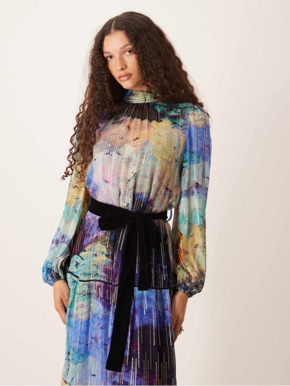 Hope & Ivy high neck maxi dress with tie waist in blue print